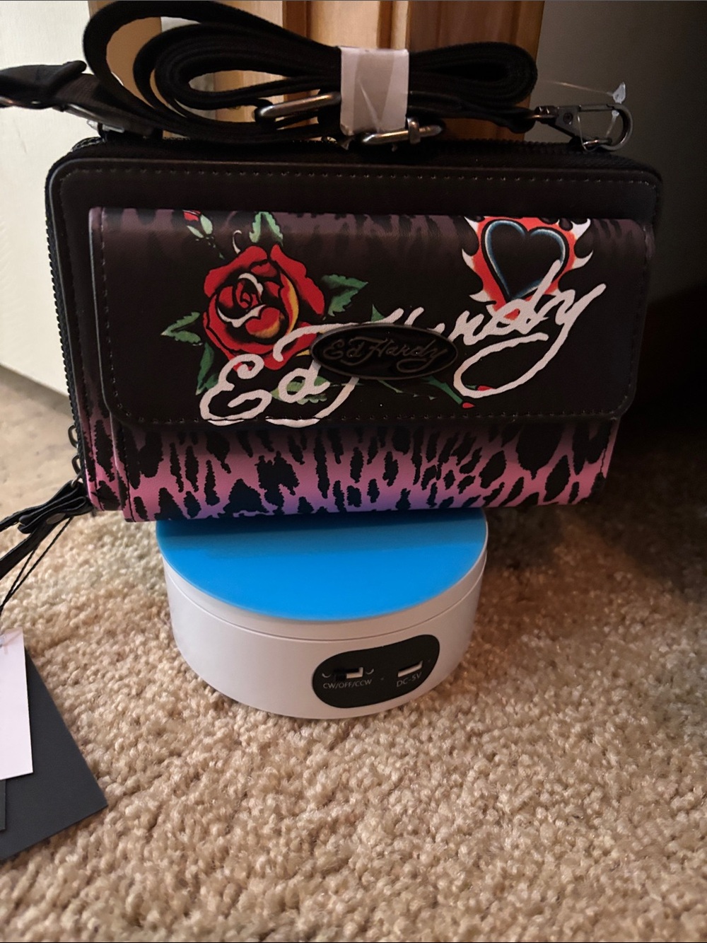 Ed Hardy Black Pink Rose Heart Crossbody Bag